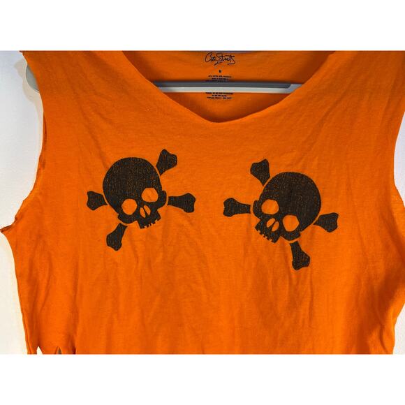 Upcycled Halloween Skeleton Skull T-Shirt Medium Orange Fringe Distressed - Picture 2 of 7